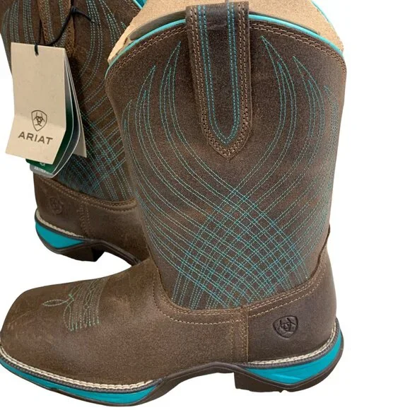 Ariat Womens Anthem Square Toe Western Boots Sz 6 B Java Brown Turquoise Leather - Picture 2 of 12